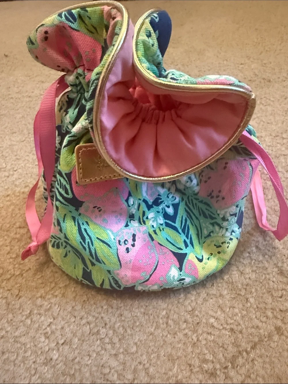 Lilly Pulitzer Pink & Green Floral Drawstring Cosmetic Pouch with Gold Plaque